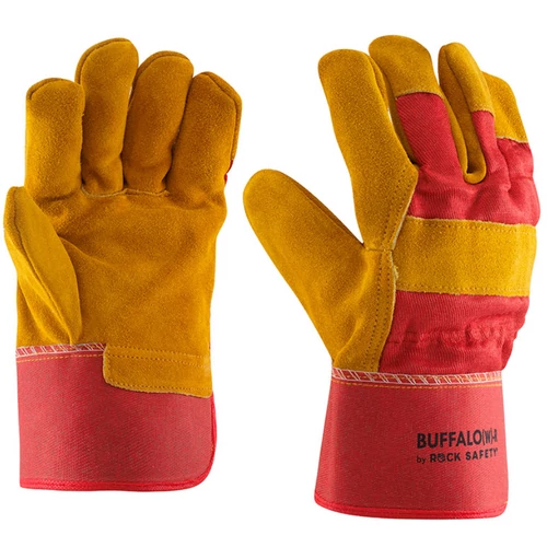 Marha hasítékbőr tenyerű kesztyű, sárga, piros vászon kézháttal, téli, 10,5